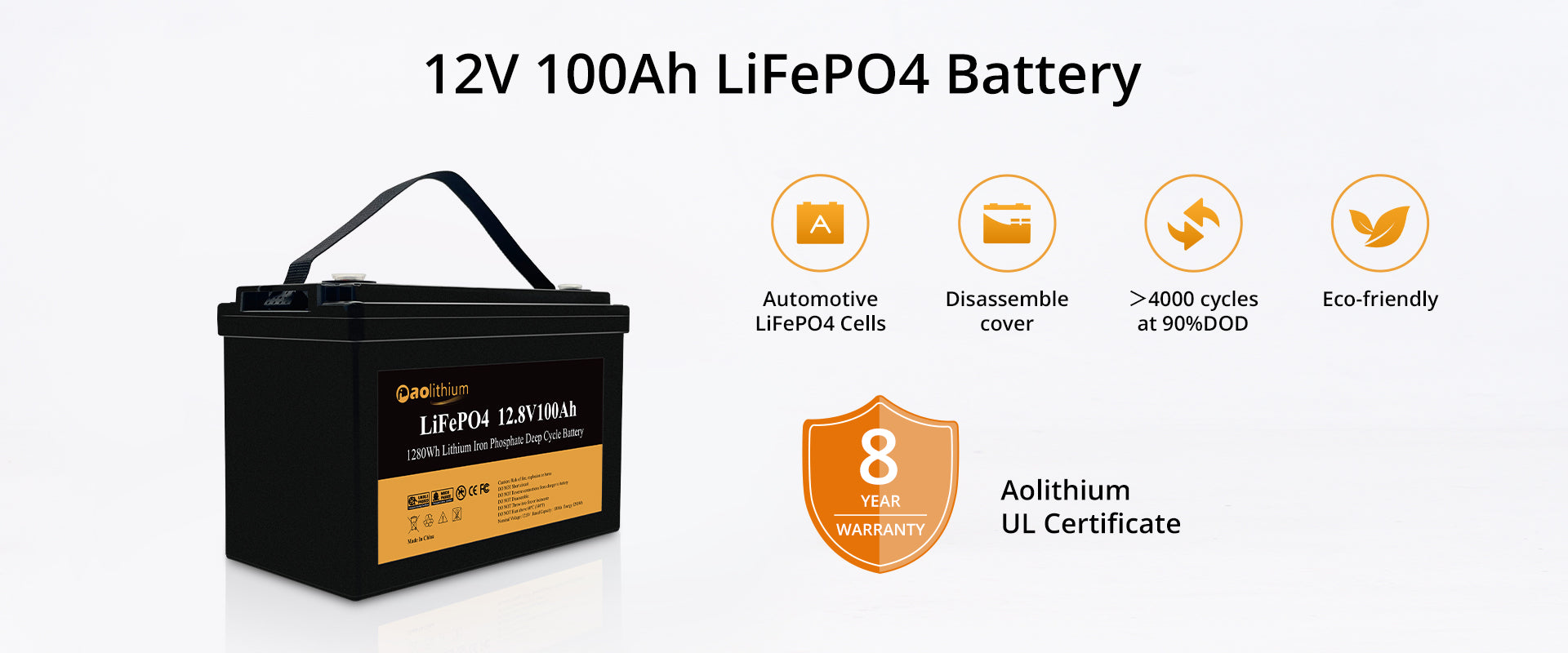 AOLITHIUM 12V 100Ah LiFePO4 Batterie mit Kostenloser Bluetooth APP
